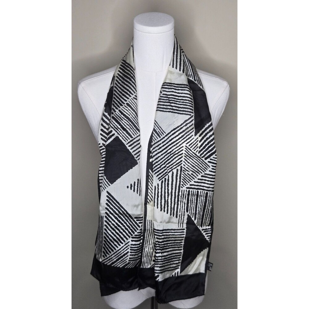Vintage Kikami for Tie Rack 100% Silk Geo Black White Scarf 52" x 10" Modern Lux